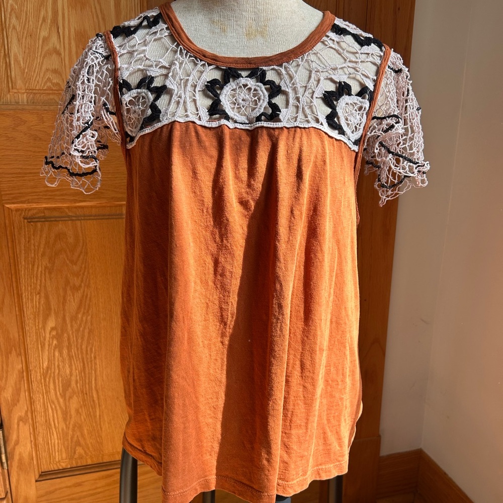 Anthropologie Terracotta Lace Yoke Blouse